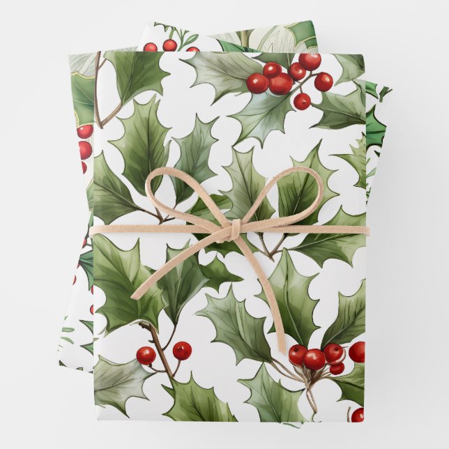 Traditional Christmas Pattern Mix, Holly Wrapping Paper Sheet (In situ)