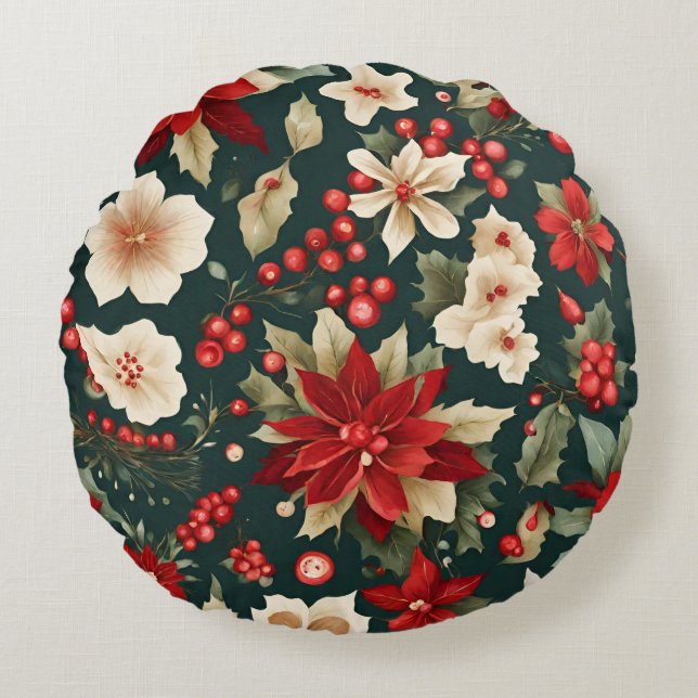 Traditional Christmas Pattern with Flowers Round Cushion (Front)
