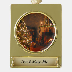 Traditional Christmas Personalise and Date Gold Plated Banner Ornament