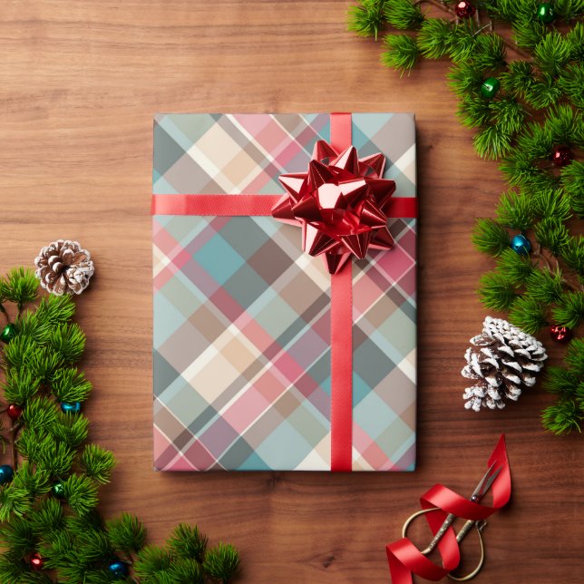 Traditional Christmas Plaid Blue Brown Red Pattern Wrapping Paper (Holiday Gift)