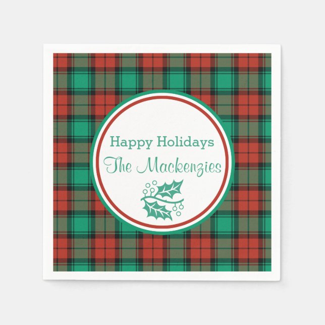 Traditional Christmas Plaid Pattern Personalised Napkin (Front)