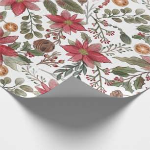 Traditional Christmas Poinsettia Botanical Pattern Wrapping Paper