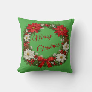 Traditional Christmas Poinsettia Floral Wreath     Cushion