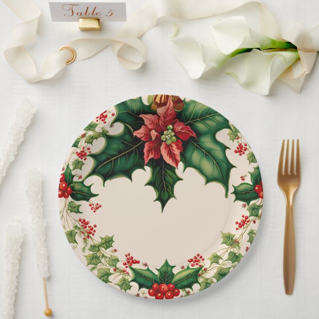 Traditional Christmas Poinsettia Holly  Paper Plate (Wedding)