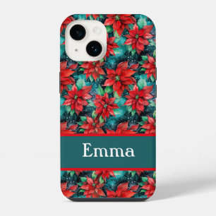 Traditional Christmas Poinsettias Pattern Pretty iPhone 14 Case