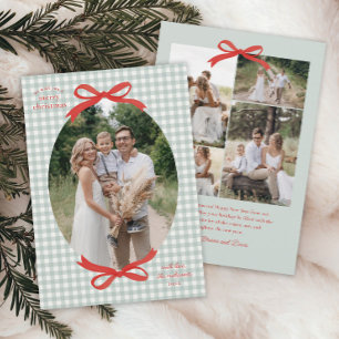 Traditional Christmas Red Bow Gingham Oval Photo Holiday Card