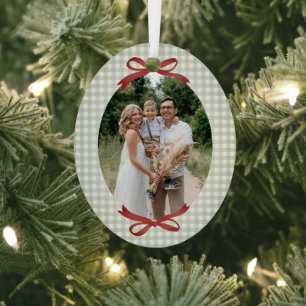 Traditional Christmas Red Bow Gingham Oval Photo Metal Tree Decoration