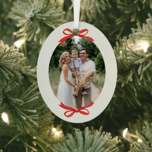 Traditional Christmas Red Bow Oval Photo Metal Tree Decoration