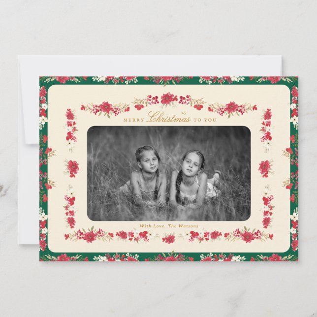 traditional christmas red green floral elegant holiday card (Front)