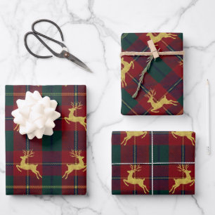 Traditional Christmas Reindeer Plaid Wrapping Paper Sheet