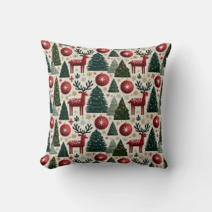 Traditional Christmas Reindeer Tree Pattern Cushion