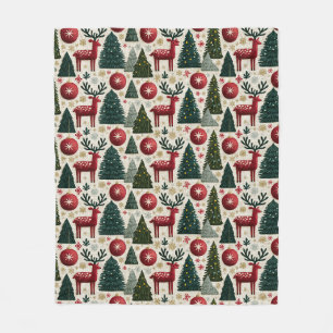 Traditional Christmas Reindeer Tree Pattern Fleece Blanket
