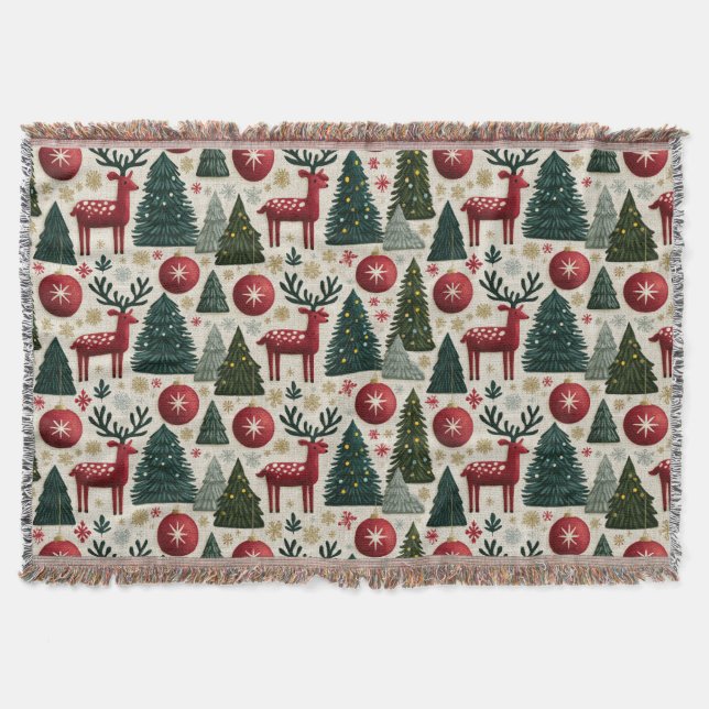 Traditional Christmas Reindeer Tree Pattern Throw Blanket (Front)