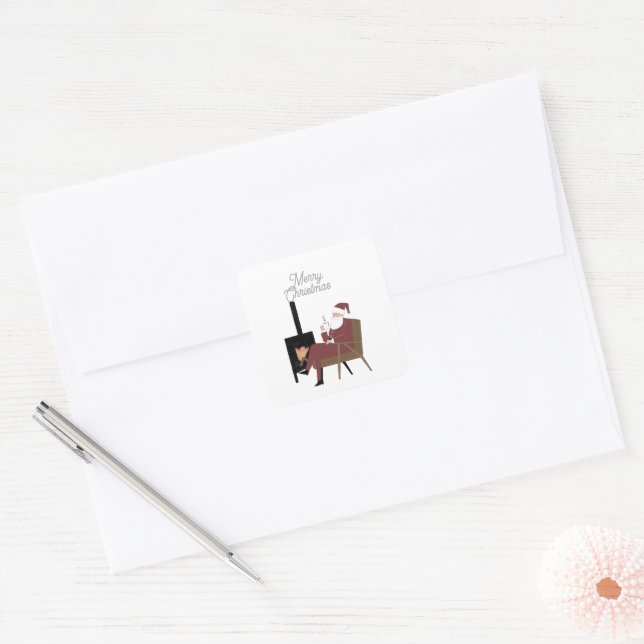 Traditional Christmas Santa by the Fireplace  Square Sticker (Envelope)