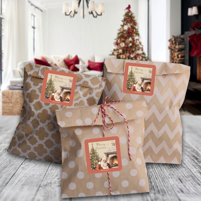 Traditional Christmas Santa Claus Custom Name Square Sticker (Creator Uploaded)