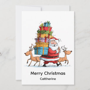 Traditional Christmas Santa Claus with Reindeer  Holiday Card