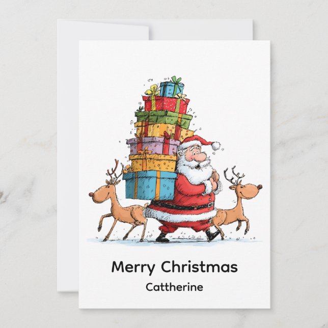 Traditional Christmas Santa Claus with Reindeer  Holiday Card (Front)