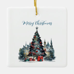 Traditional Christmas Scene Quote Merry Christmas Ceramic Ornament