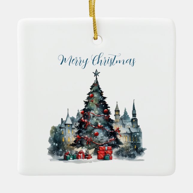 Traditional Christmas Scene Quote Merry Christmas Ceramic Ornament (Front)
