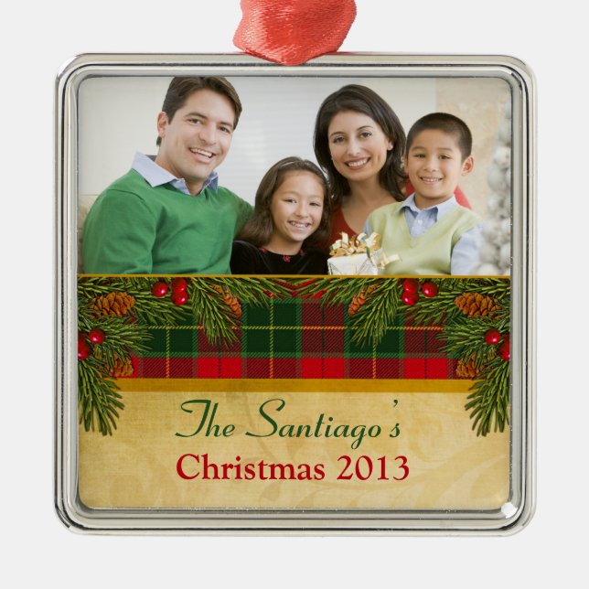 Traditional Christmas Tartan Plaid Red Green Xmas Metal Tree Decoration (Front)