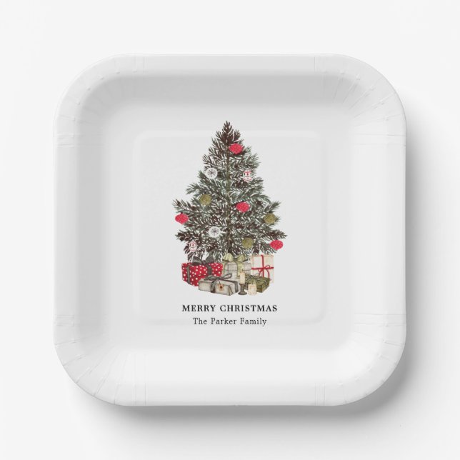 Traditional Christmas tree custom name paper plate (Front)