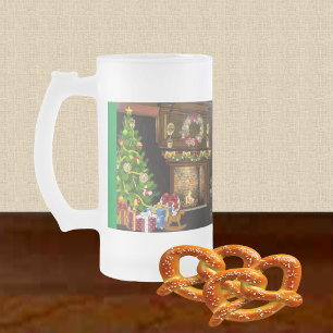 Traditional Christmas Tree,Gifts & Fireplace Frosted Glass Beer Mug