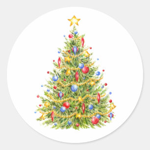 Traditional Christmas Tree Merry Round Stickers