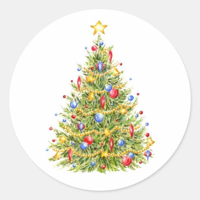 Traditional Christmas Tree Merry Round Stickers (Front)