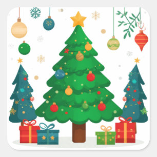 Traditional Christmas Tree With Colourful Ornament Square Sticker