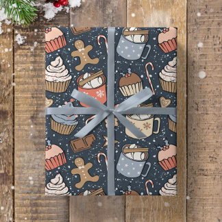 Traditional Christmas Vintage Hot Cocoa Dark Blue Wrapping Paper