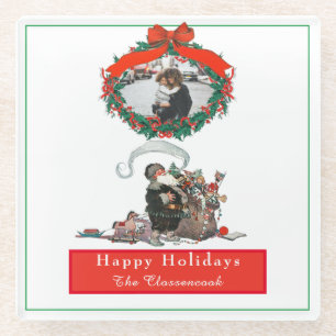 Traditional Christmas Vintage Santa Photo Holiday Glass Coaster