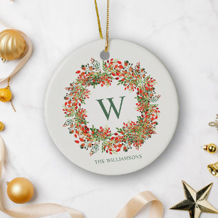 Traditional Christmas Wreath Monogram Name Holiday Ceramic Tree Decoration