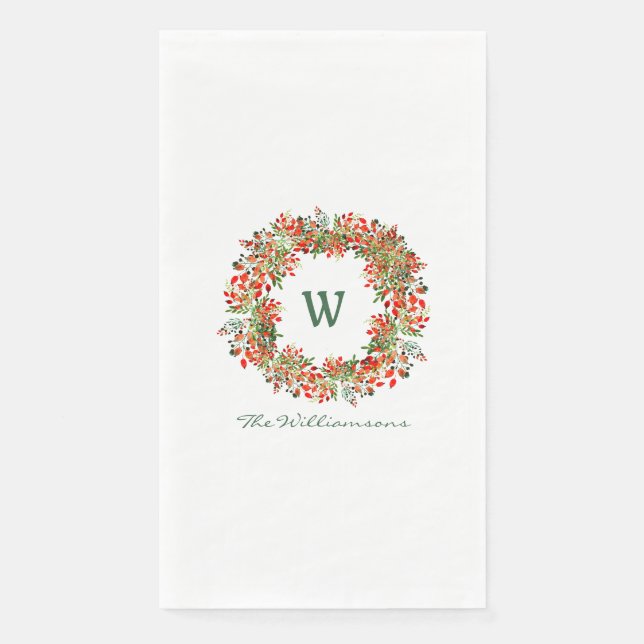Traditional Christmas Wreath Monogram Name Holiday Napkin (Front)