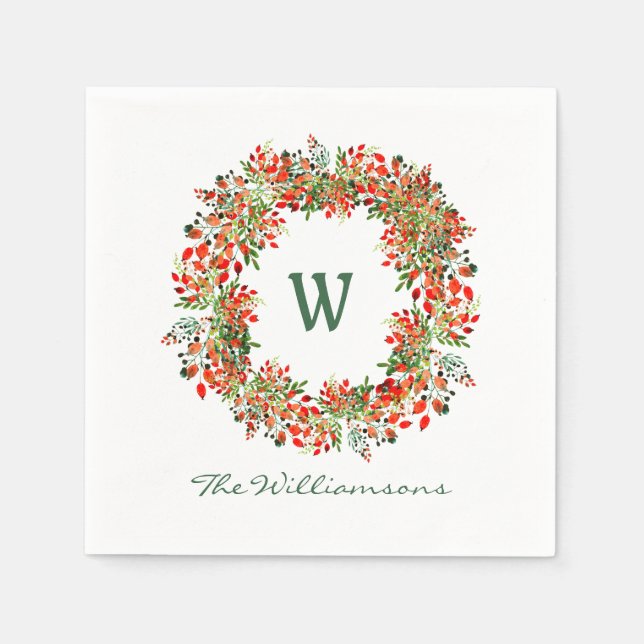 Traditional Christmas Wreath Monogram Name Holiday Napkin (Front)