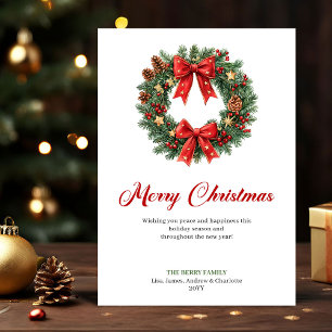 Traditional Christmas Wreath with Holly Holiday Card