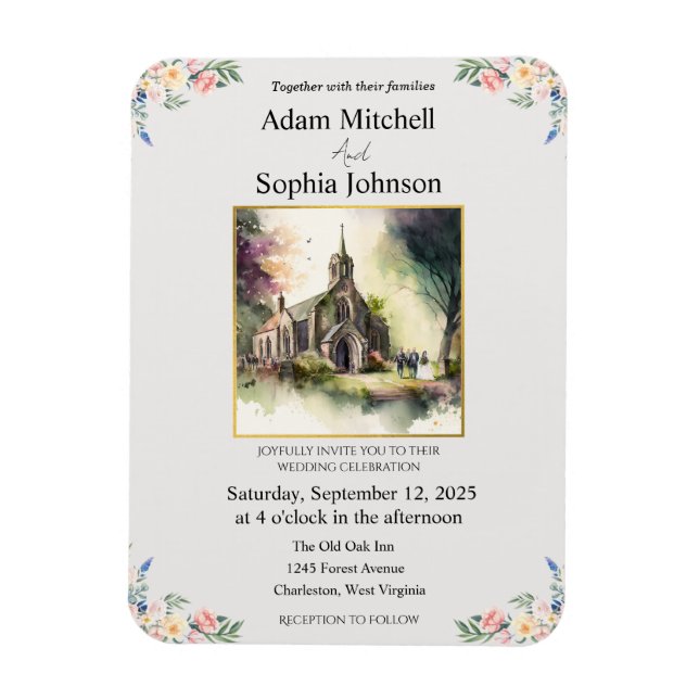 Traditional Church Watercolour Wedding Invite Magnet (Vertical)