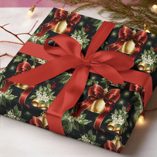 Traditional Classic Christmas Red Bow & Gold Bell  Wrapping Paper