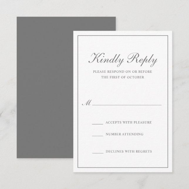 Traditional Classic Formal Elegant Grey Wedding RSVP Card (Front/Back)