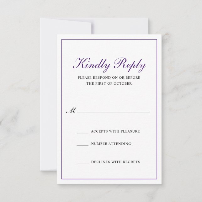 Traditional Classic Royal Purple Formal Wedding RSVP Card (Front)