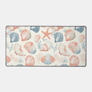 Traditional Coastal Seashell Blue Peach Ivory Desk Mat