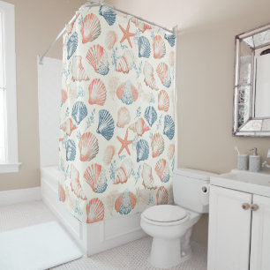 Traditional Coastal Seashell Blue Peach Ivory Shower Curtain