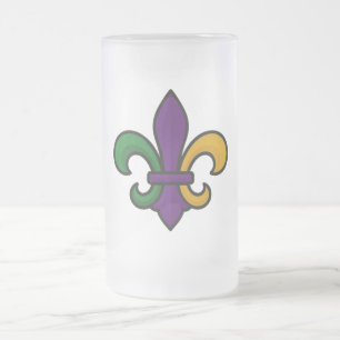 Traditional colored Mardi Gras Fleur de Lis Frosted Glass Beer Mug