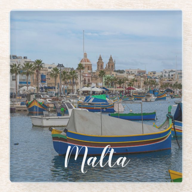 Traditional colorful fishing boats in Malta Glass Coaster (Front)