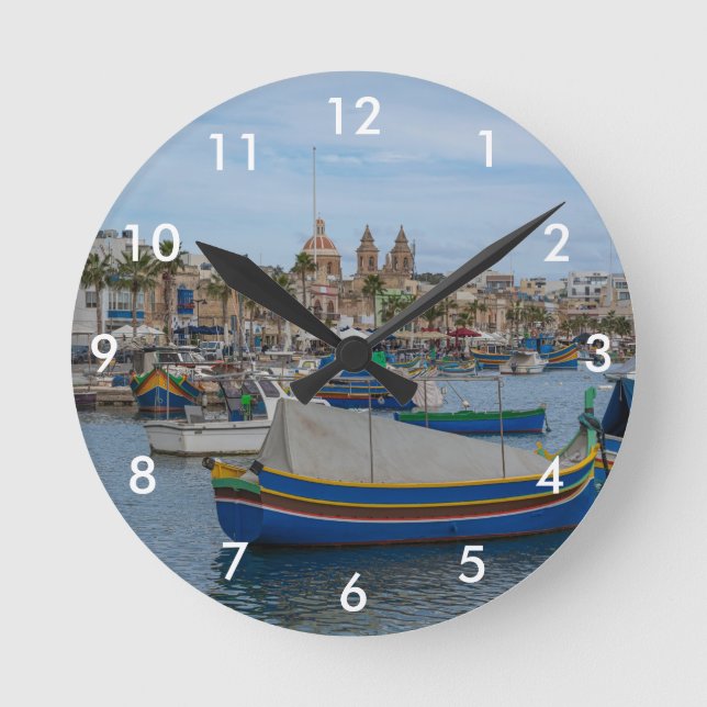 Traditional colorful fishing boats in Malta Round Clock (Front)