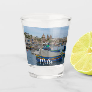 Traditional colorful fishing boats in Malta Shot Glass