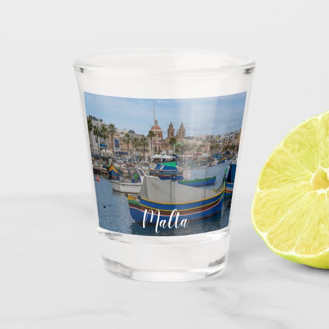 Traditional colorful fishing boats in Malta Shot Glass (Front)