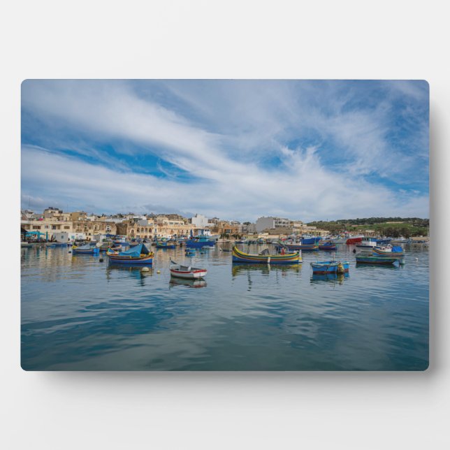 Traditional colorful fishing boats in the harbor plaque (Front)