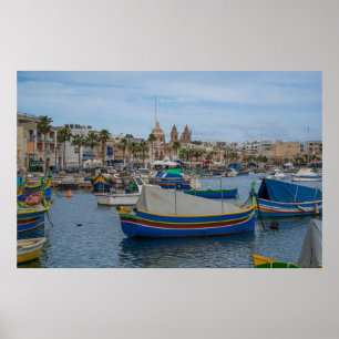 Traditional colourful fishing boats in Malta Poster