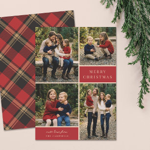 Traditional Cosy Red Plaid Christmas Collage Photo Holiday Card