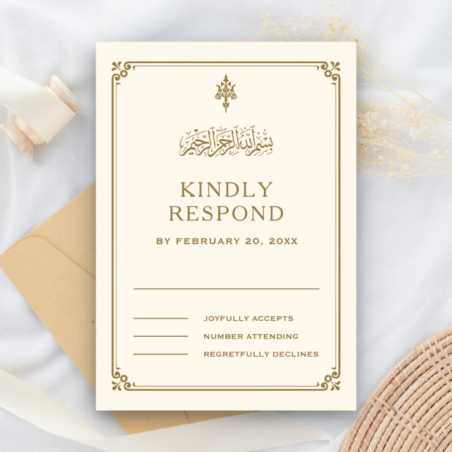 Traditional Cream and Gold Border Islamic Wedding RSVP Card (Creator Uploaded)